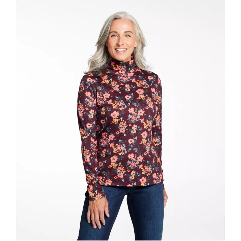 L.L. Bean Women's Large Wine Color & Floral Print L/S Turtleneck Supima Cotton